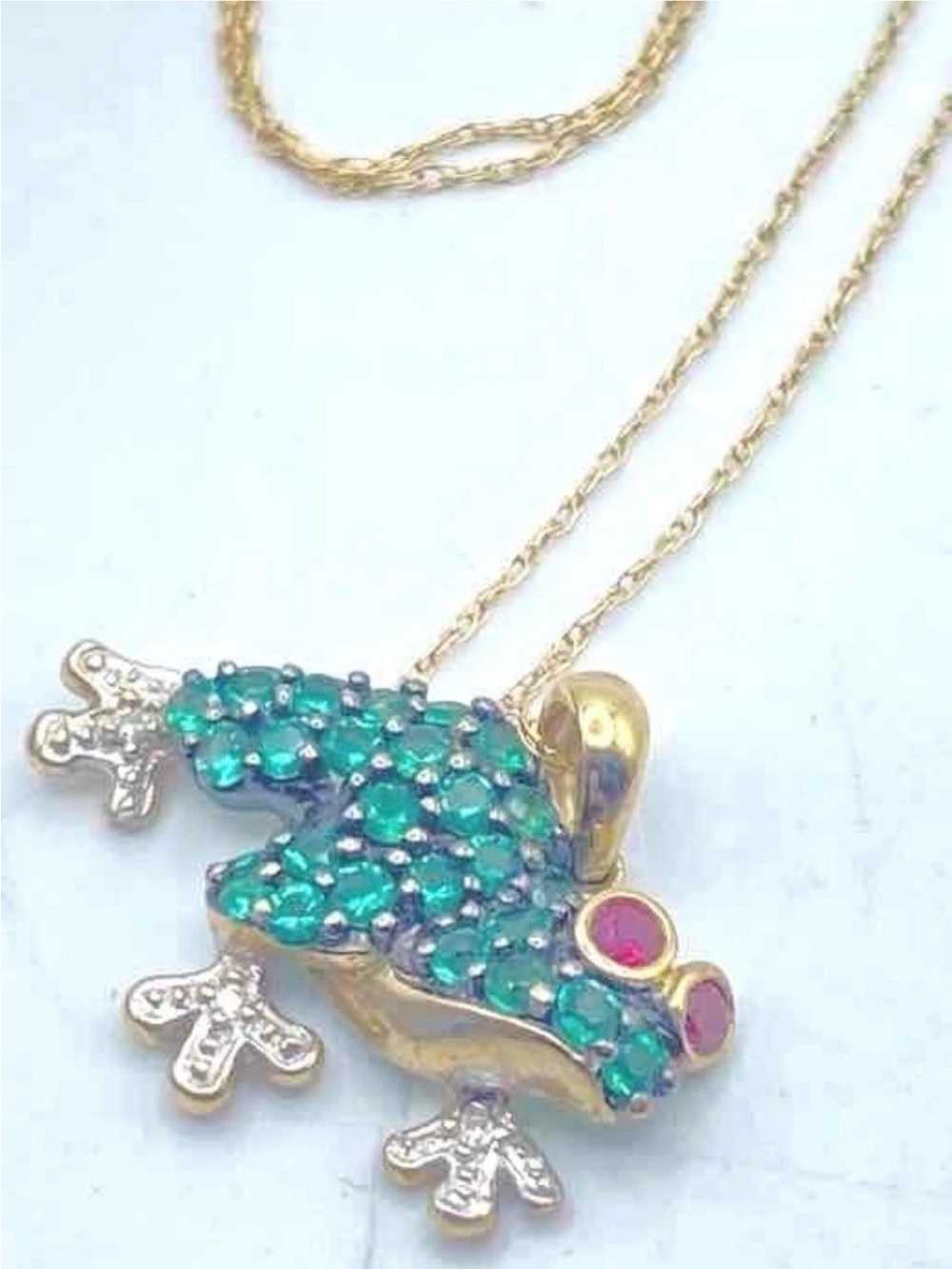10K Gold created Emerald & Ruby Frog Pendant Necklace 18” Genuine Diamonds #313